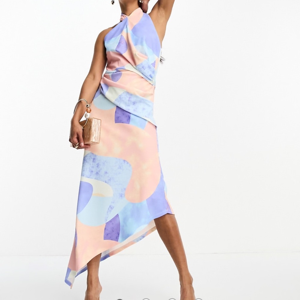 Abstract Pastel Asymmetrical Halter Draped Midi Dress